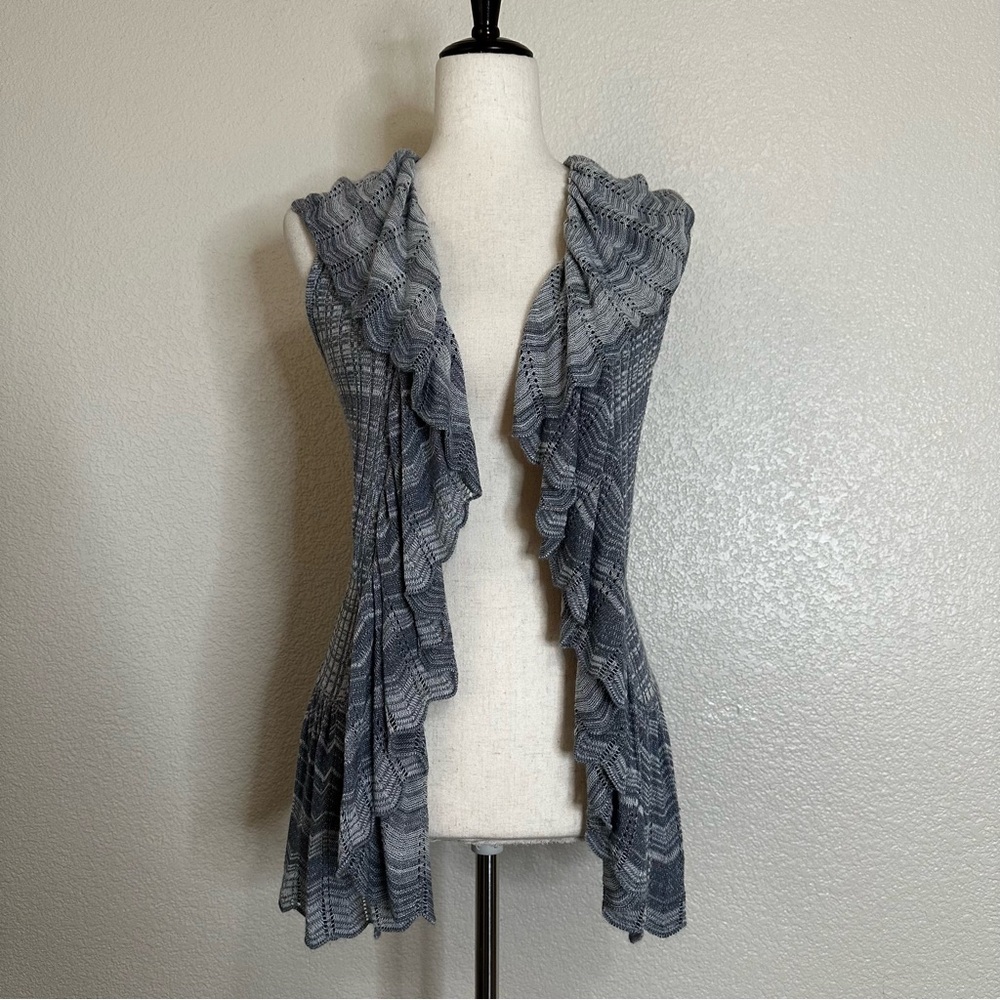 Inked & Faded Ruffled Open Front Cardigan, Sz Small